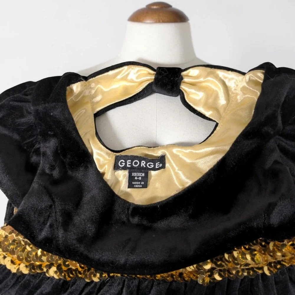 George Girls Velvet Sequin Party Dress Black Gold Bow Back XS 4-5‎ Excellent